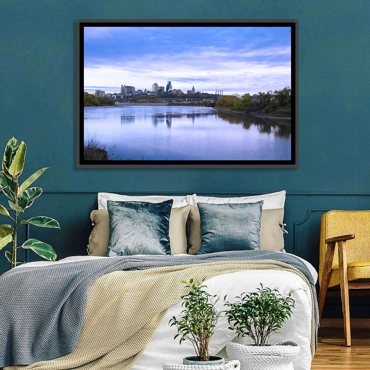 Kansas City Skyline at Dusk Wall Art in a room, landscape