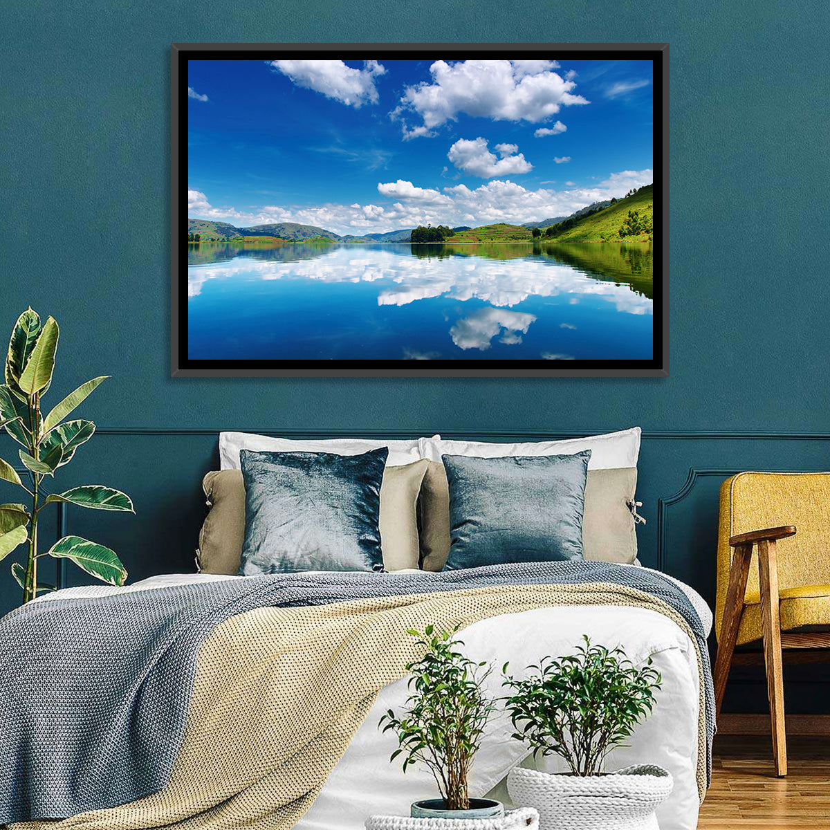 Bunyonyi Lake Reflection Wall Art in a room, landscape
