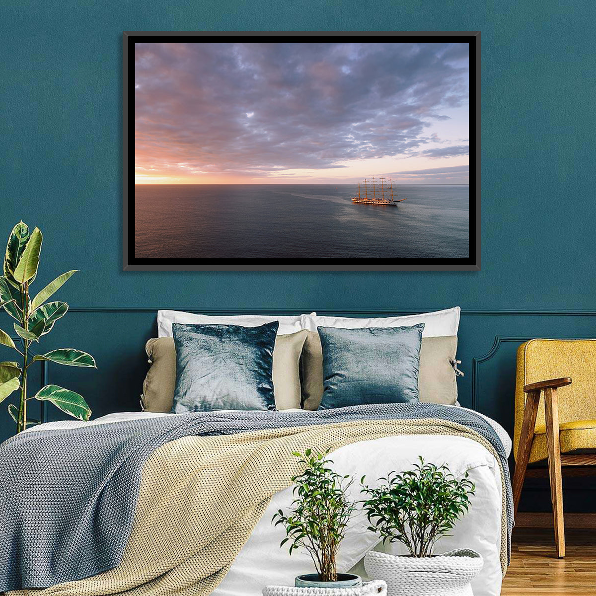 Sunlit Tall Ship at Sea Wall Art in a room, landscape