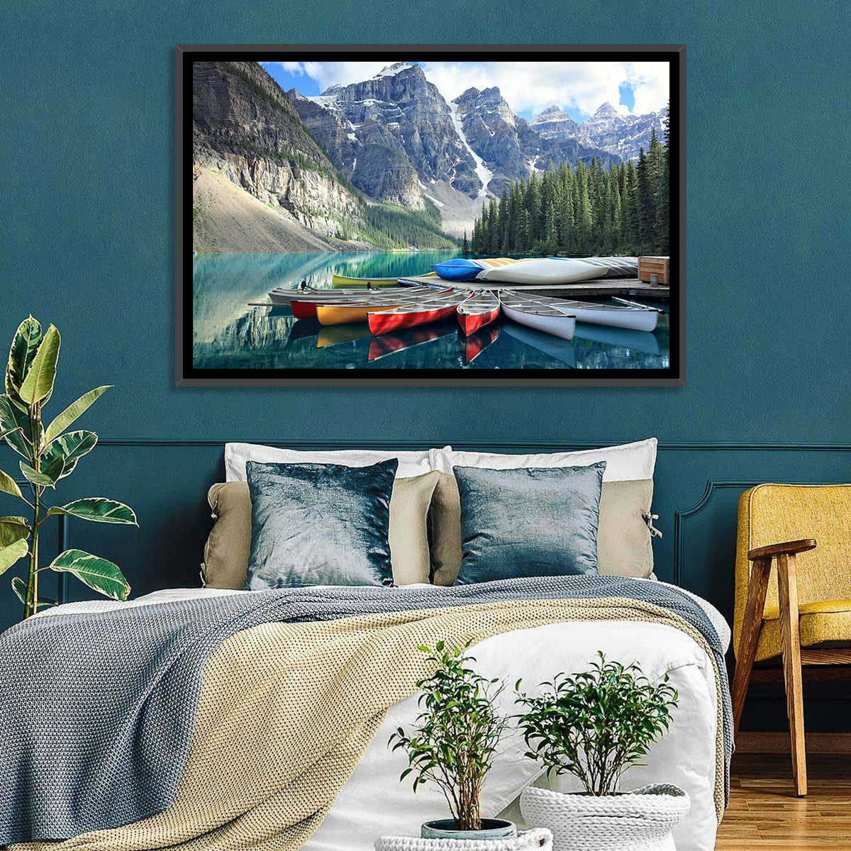 Moraine Lake Canoes at Lake Louise Wall Art in a room, landscape