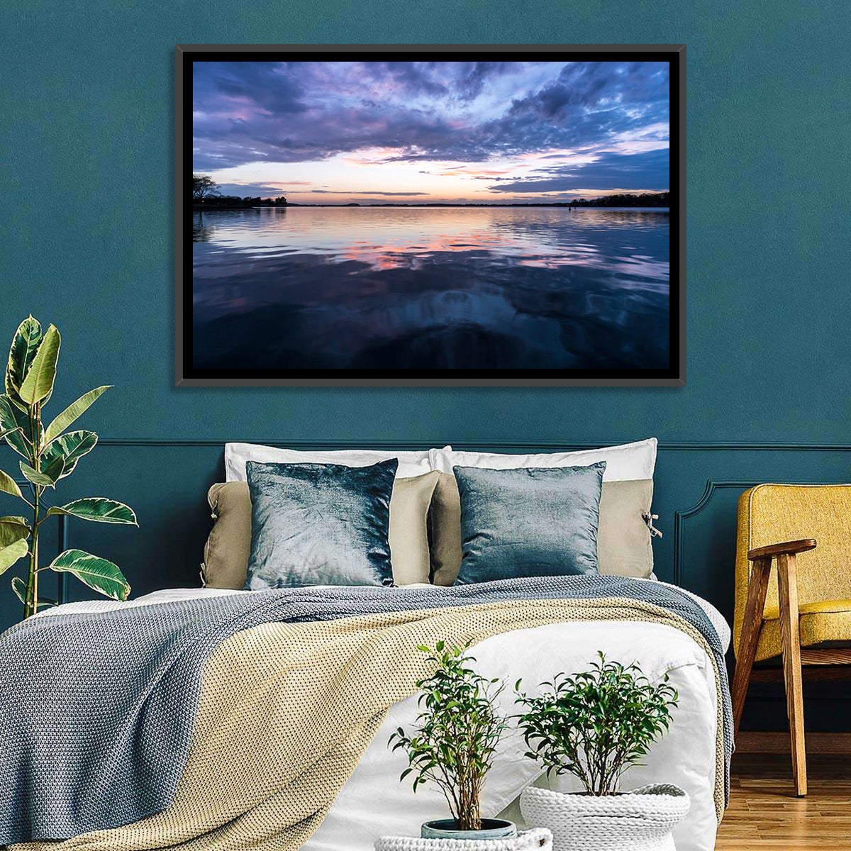 Lake Norman Sunset Reflection Wall Art in a room, landscape