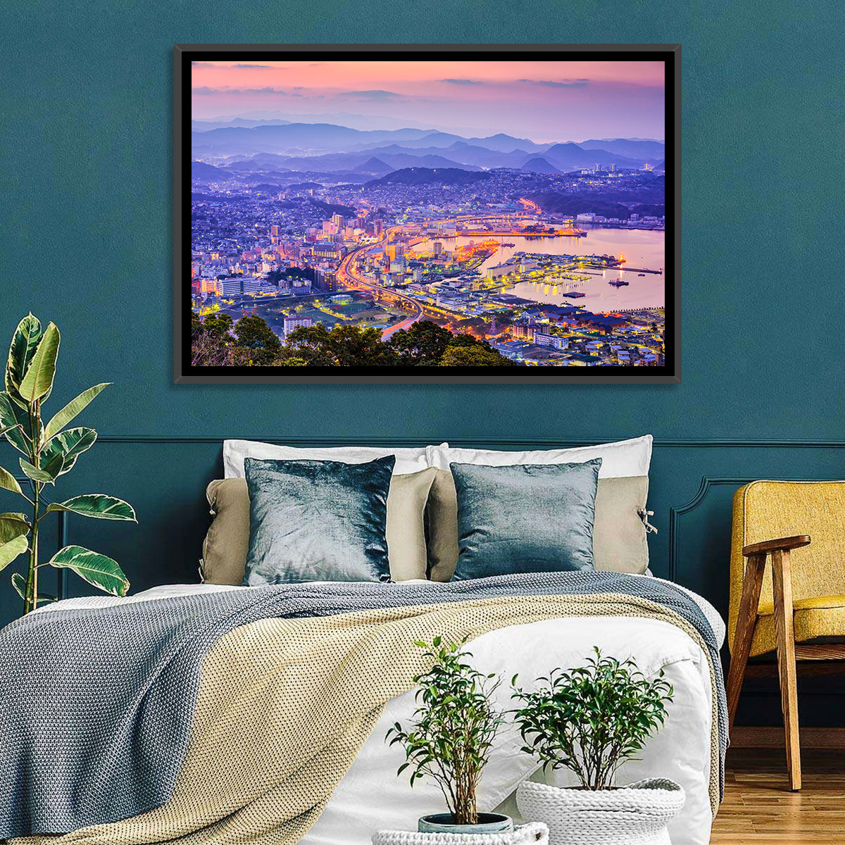 Sasebo Downtown Twilight Harbor Wall Art in a room, landscape