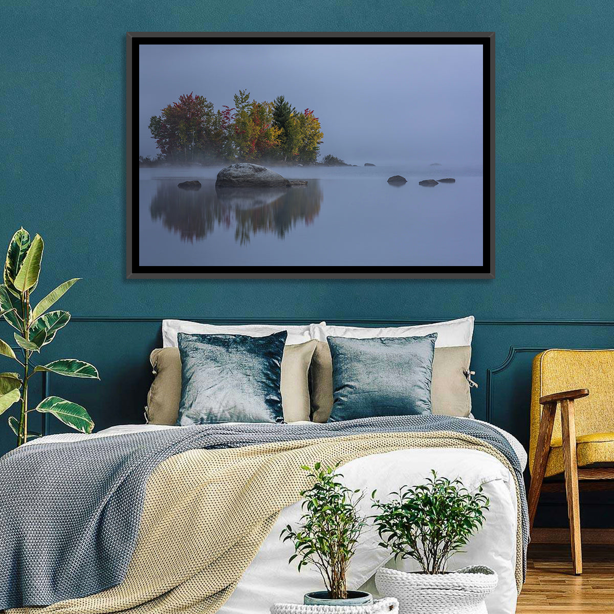 Morning Mist Over Chittenden Lake Wall Art in a room, landscape