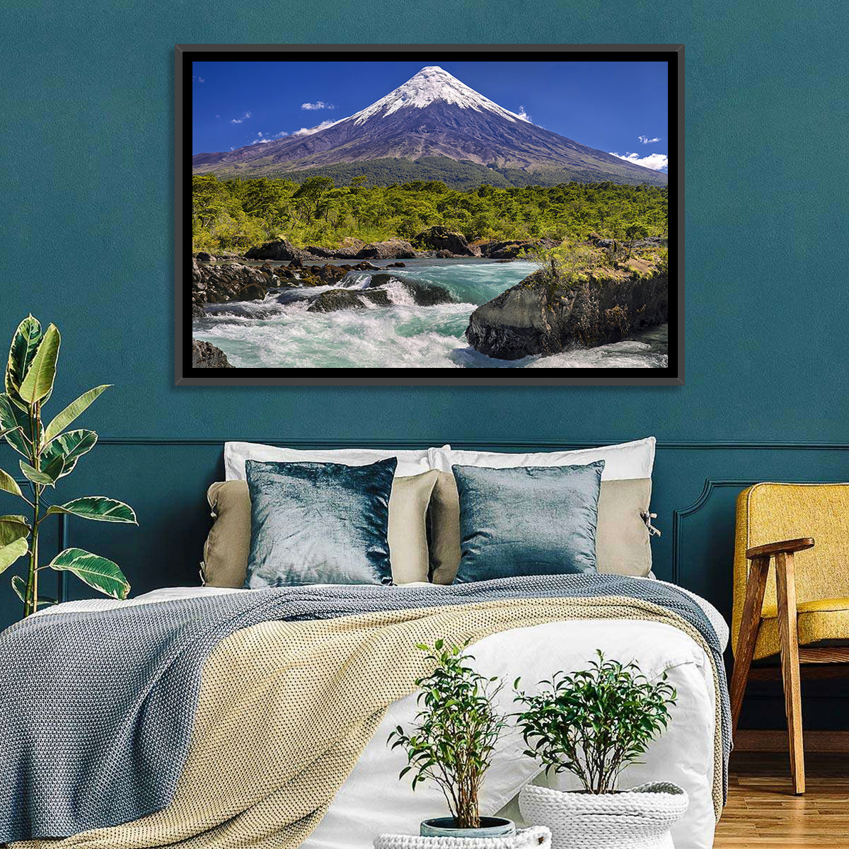 Osorno Volcano Over Petrohue Rapids Wall Art in a room, landscape