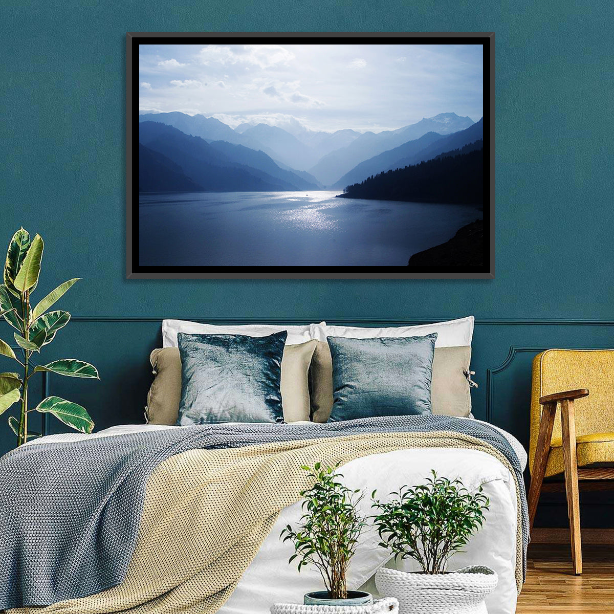 Xinjiang Lakeshore Serenity Wall Art in a room, landscape