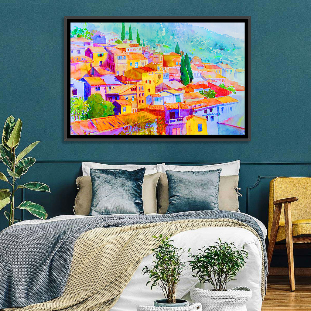 Mediterranean Hillside Watercolor Village Wall Art