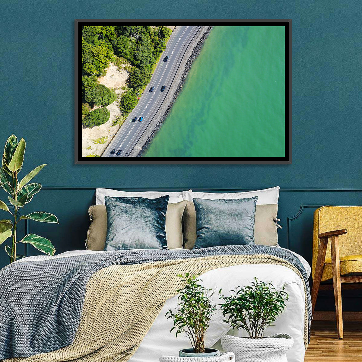Auckland Coastal Highway Aerial View Wall Art in a room, landscape