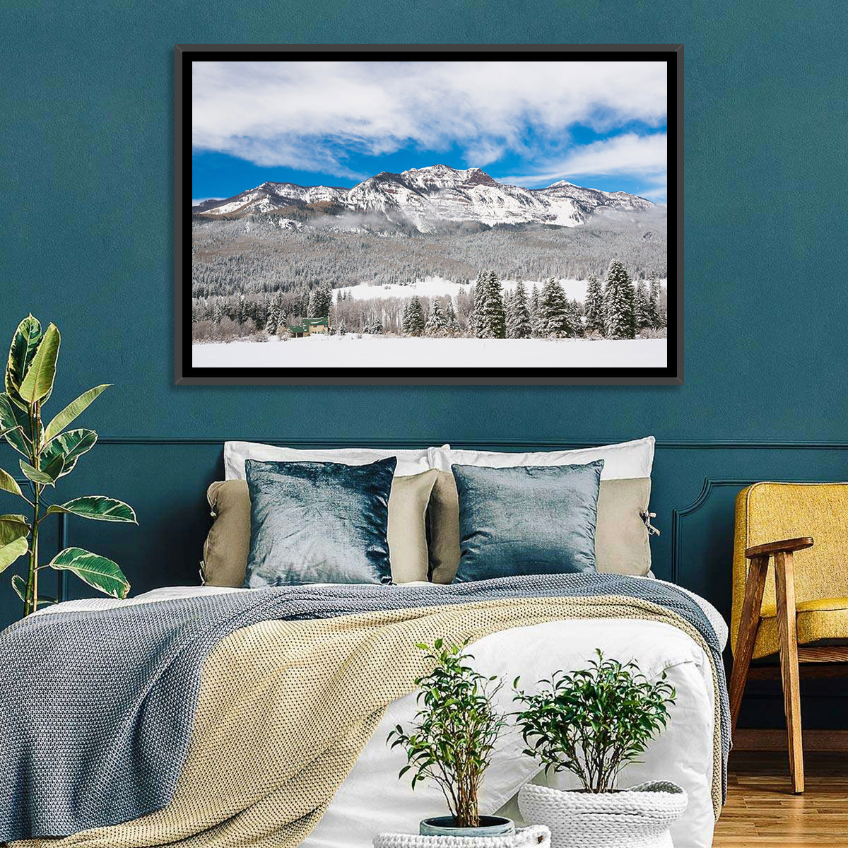 Colorado Snowy Mountain Cabin Wall Art in a room, landscape