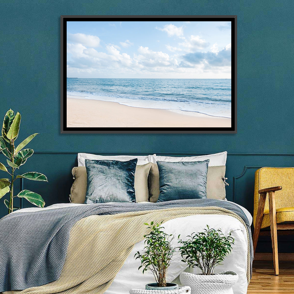 Minimalist Sandy Beach and Gentle Waves Wall Art in a room, landscape