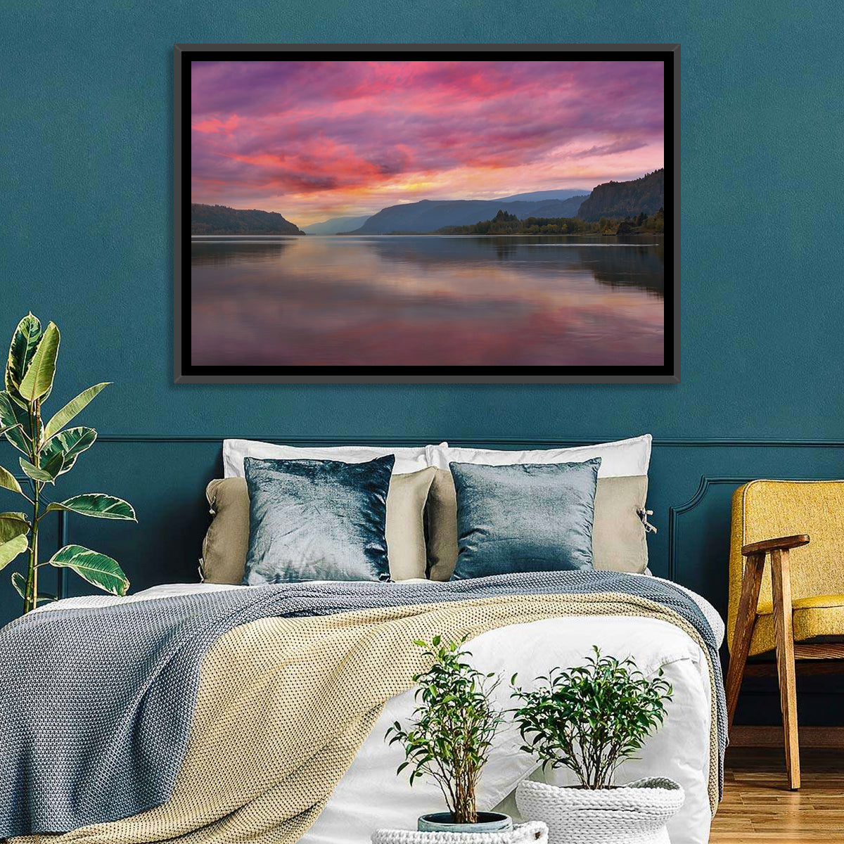 Sunrise Over River Gorge Wall Art in a room, landscape