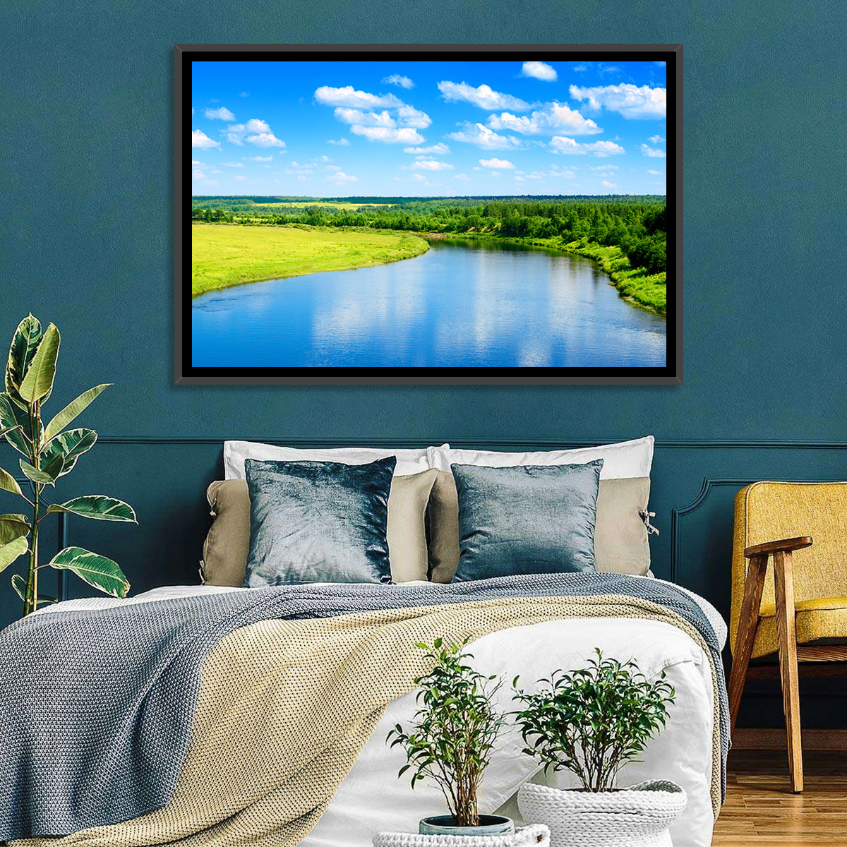 Blue River Meadow Wall Art in a room, landscape