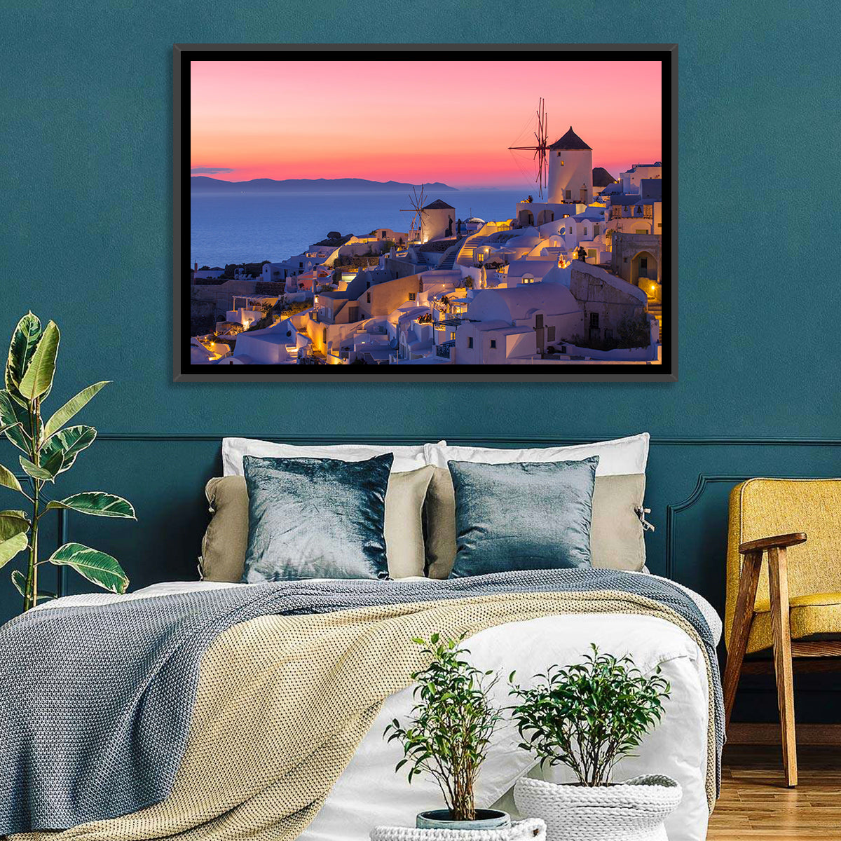 Oia Windmills at Dusk Wall Art in a room, landscape