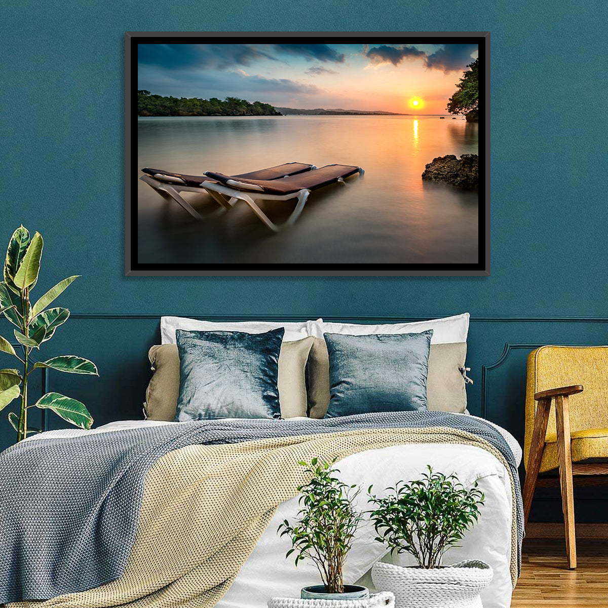 Sunset Over Coastal Lounge Chairs Wall Art in a room, landscape