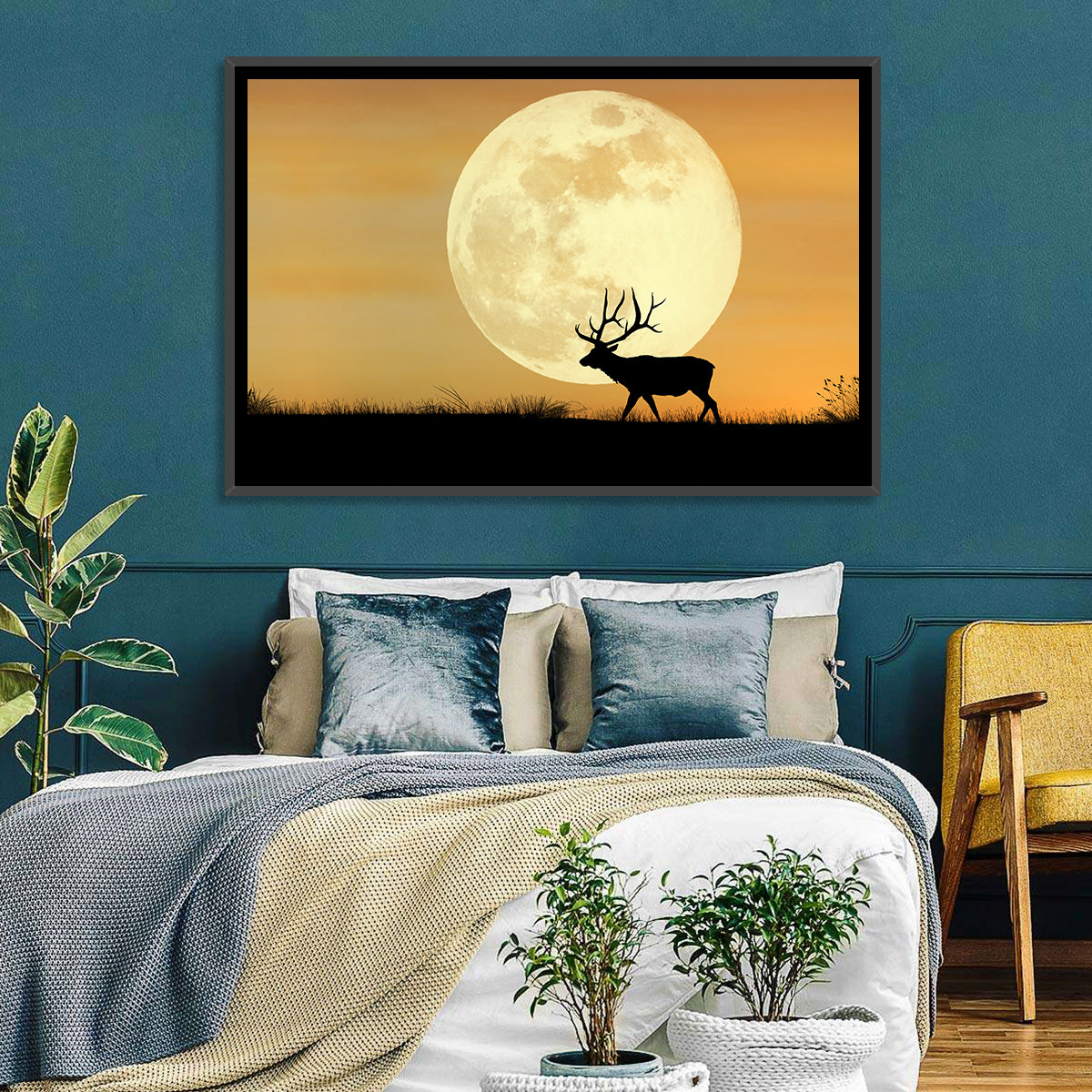 Bull Elk Silhouette Under Supermoon Wall Art