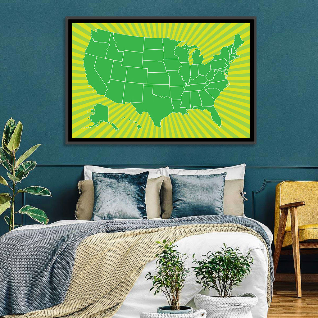 Green Sunburst USA Map Wall Art