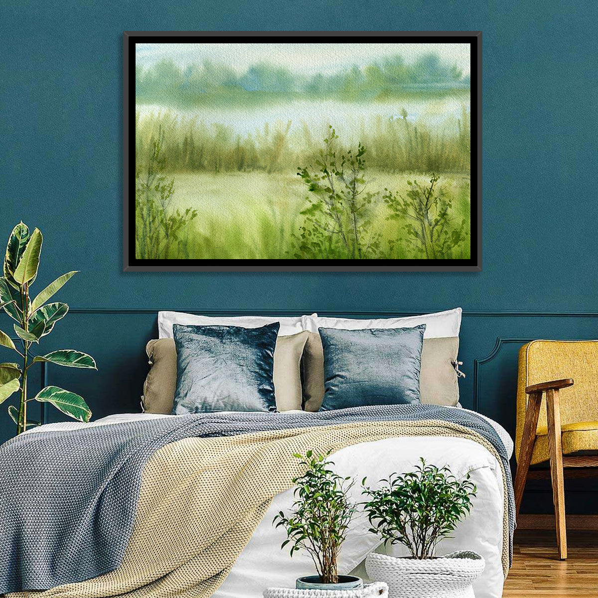 Misty River Meadow Watercolor Wall Art in a room, landscape
