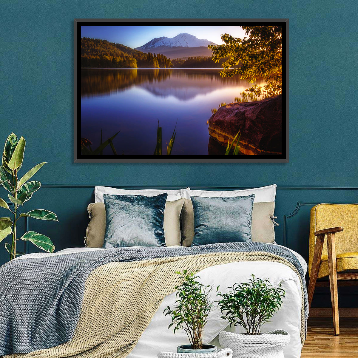 Mt Shasta Reflection at Lake Siskiyou Wall Art in a room, landscape