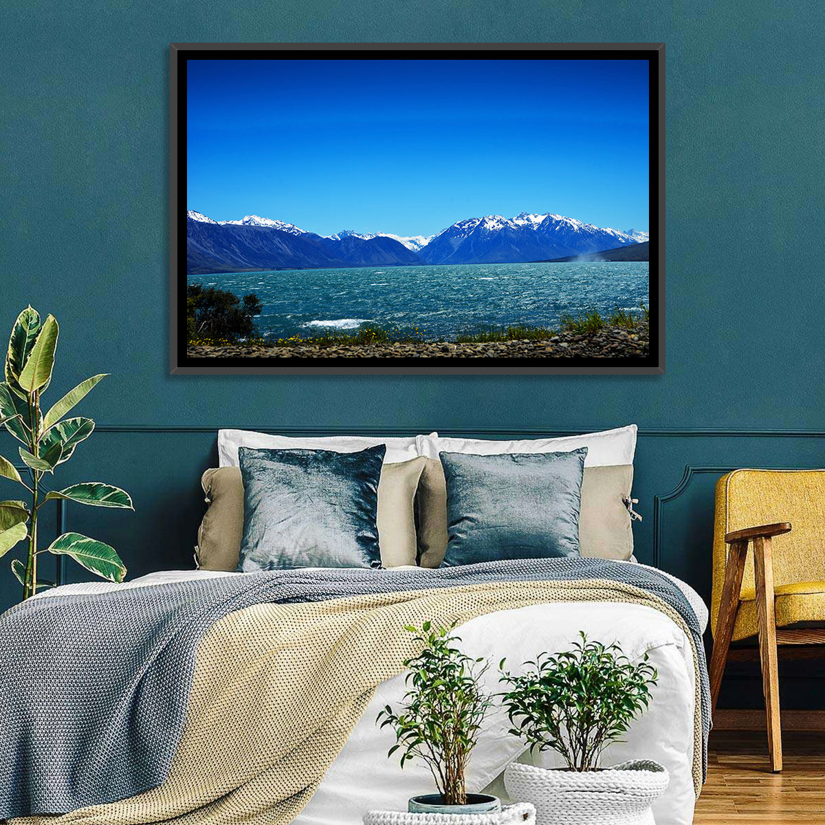 Lake Ohau Snow Peaks Wall Art in a room, landscape