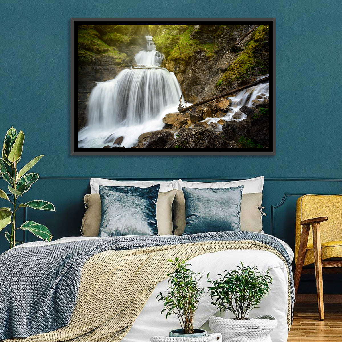 White Cascade Over Mossy Rocks Wall Art in a room, landscape