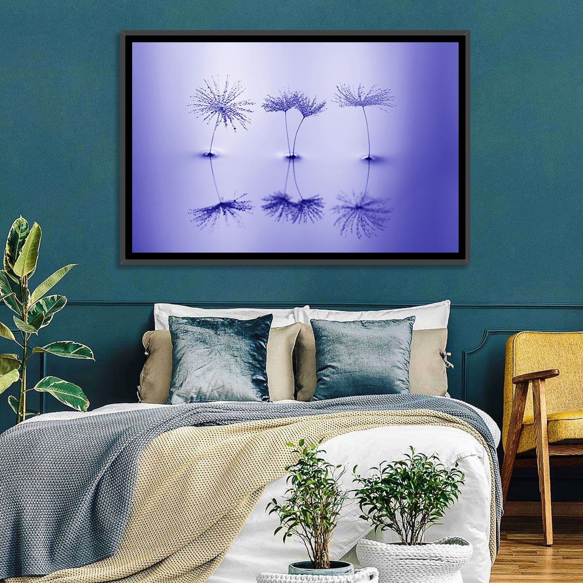 Blue Dandelion Seeds with Reflections Wall Art in a room, landscape