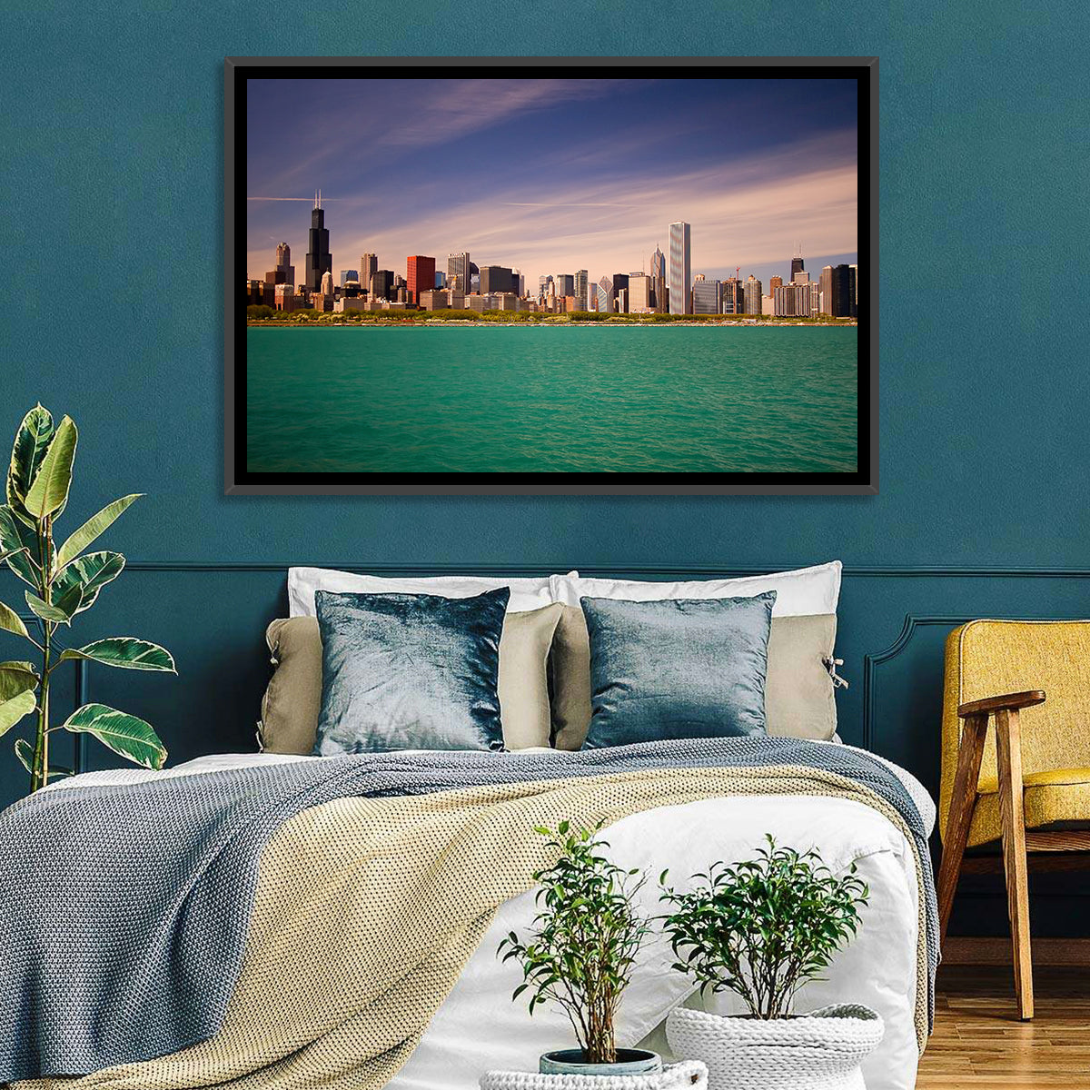 Chicago Skyline Above Lake Michigan Wall Art in a room, landscape