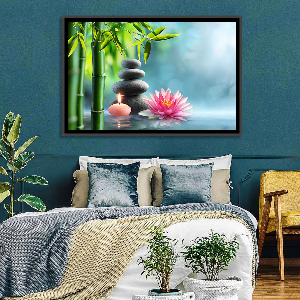 Zen Massage Stones with Waterlily Wall Art in a room, landscape