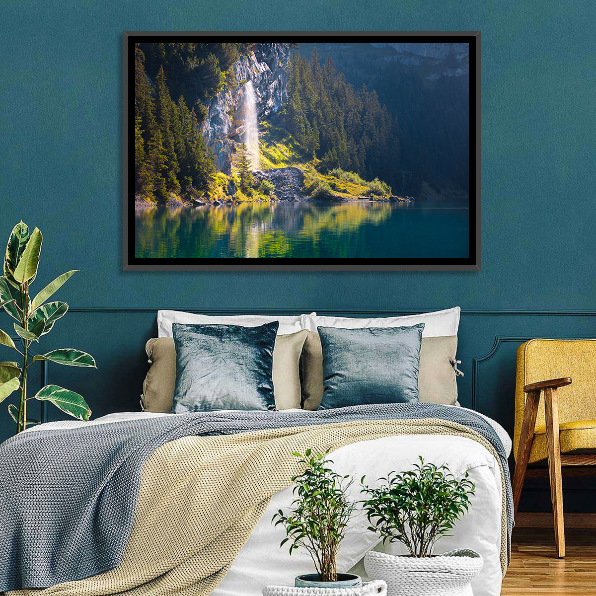 Lake Oeschinen Waterfall Reflection Wall Art in a room, landscape