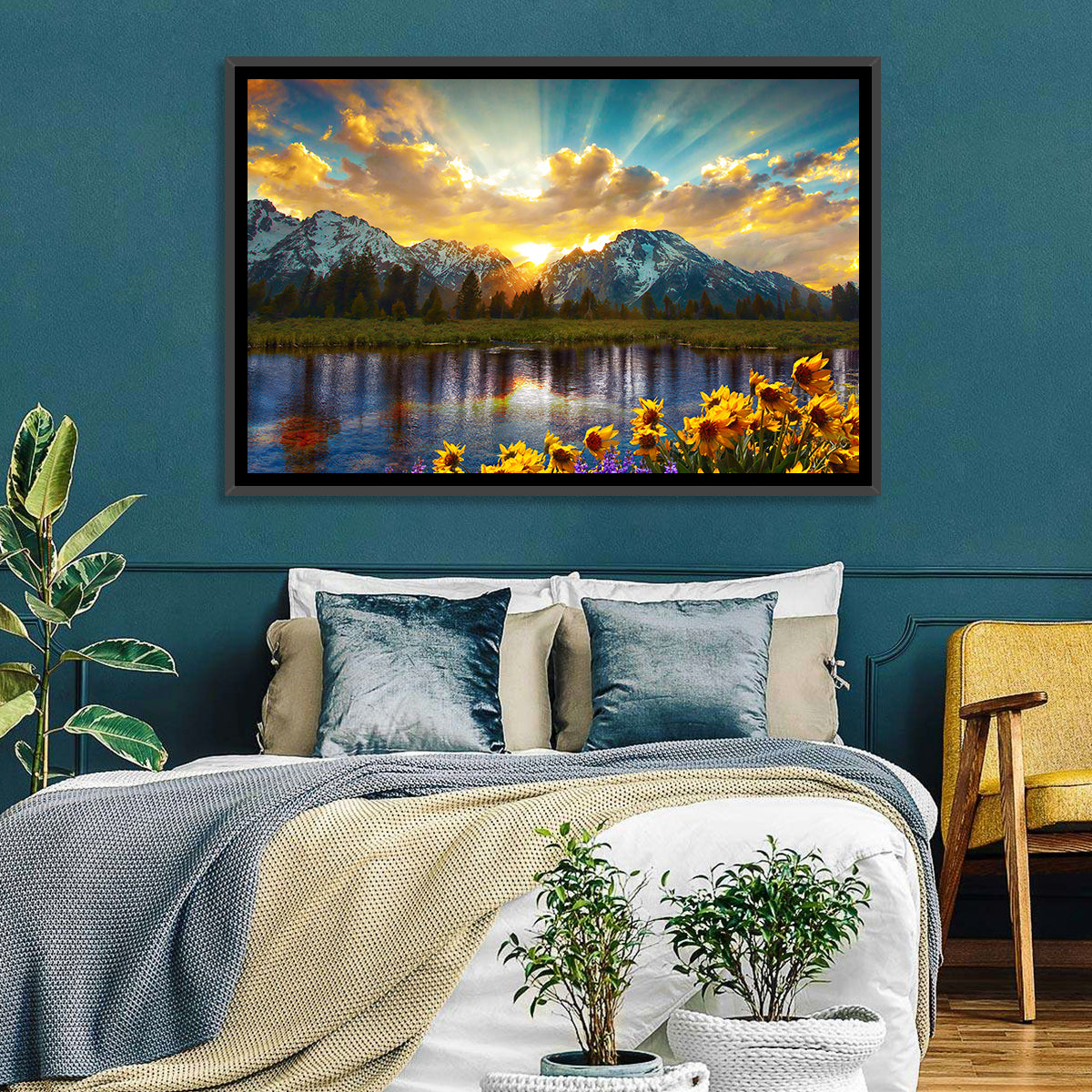 Grand Teton Sunrise Reflection Wall Art in a room, landscape