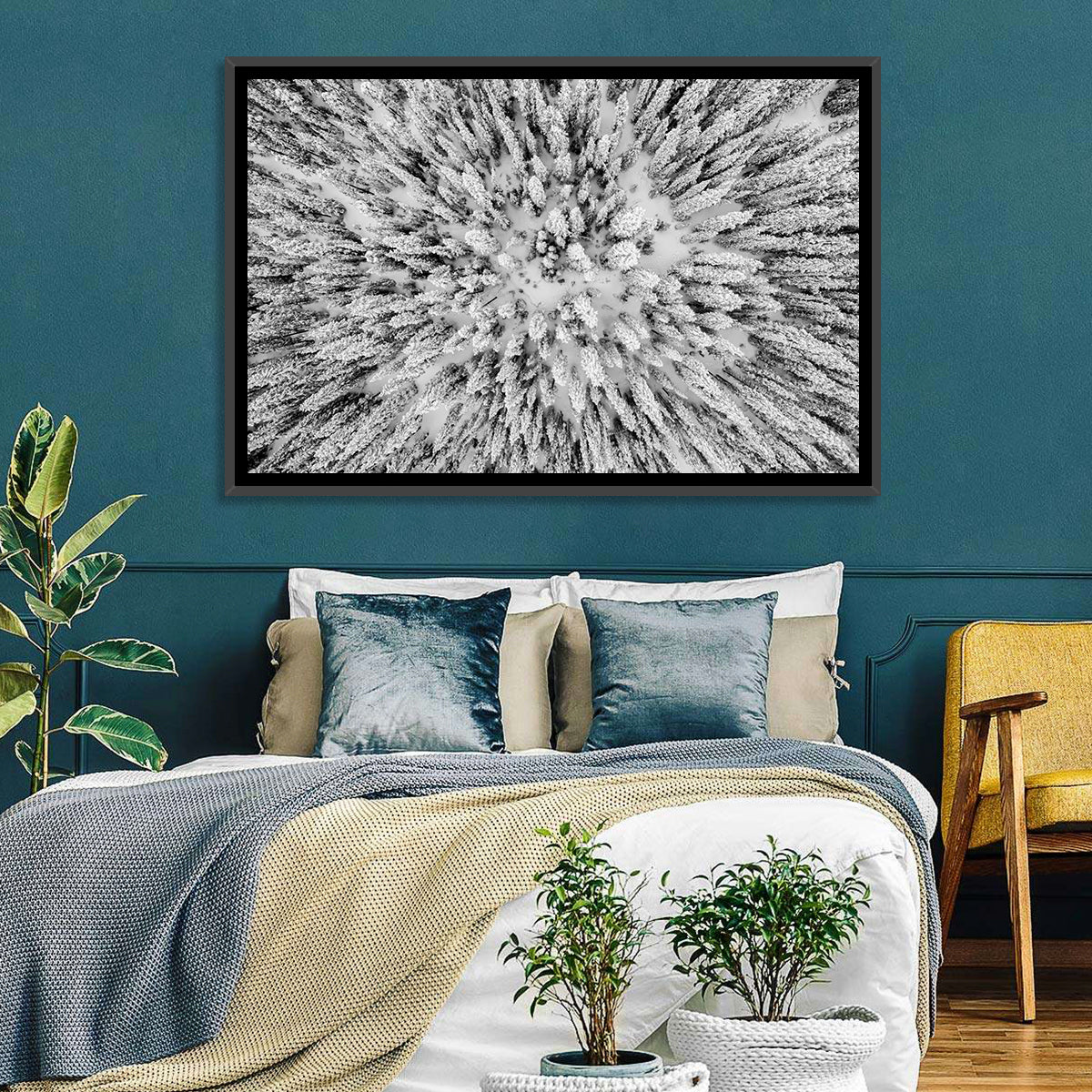Snowy Aerial Forest Wall Art in a room, landscape