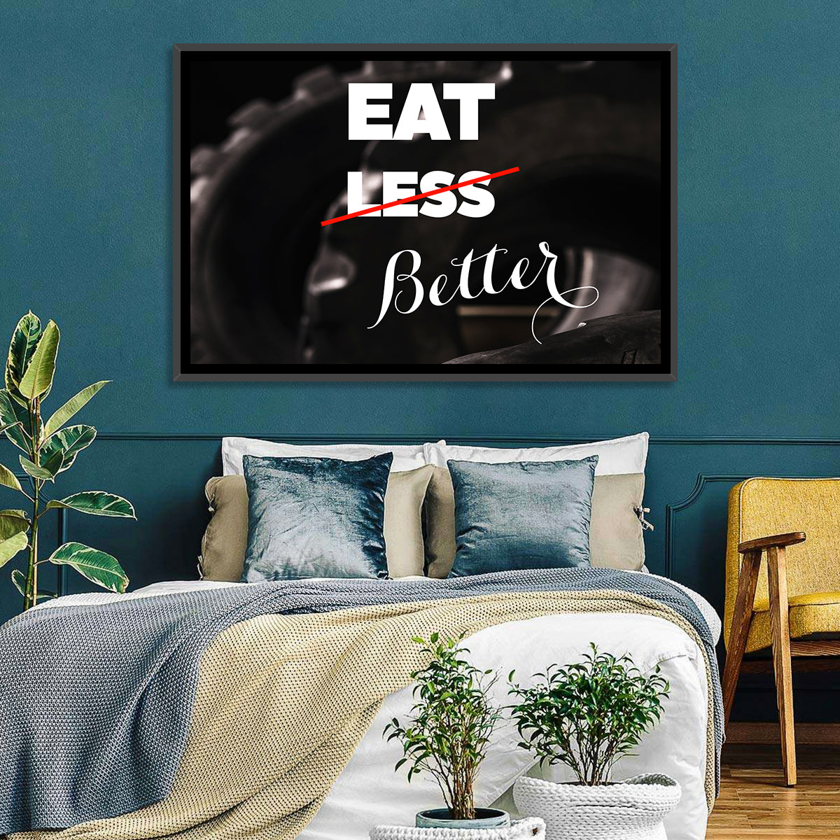 Eat Less, Better Motivation Quote Wall Art in a room, landscape