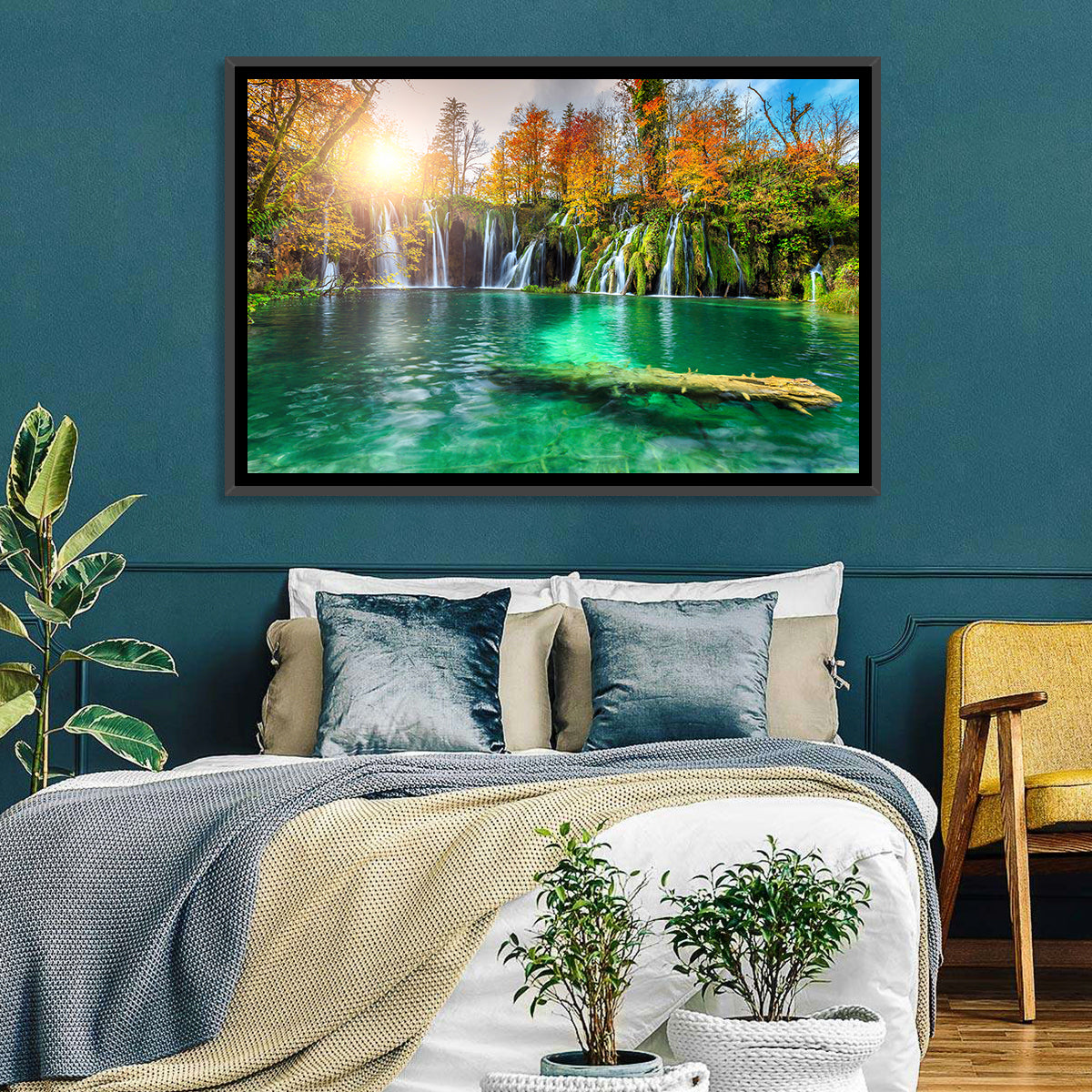Autumn Waterfalls at Plitvice Lakes Wall Art in a room, landscape
