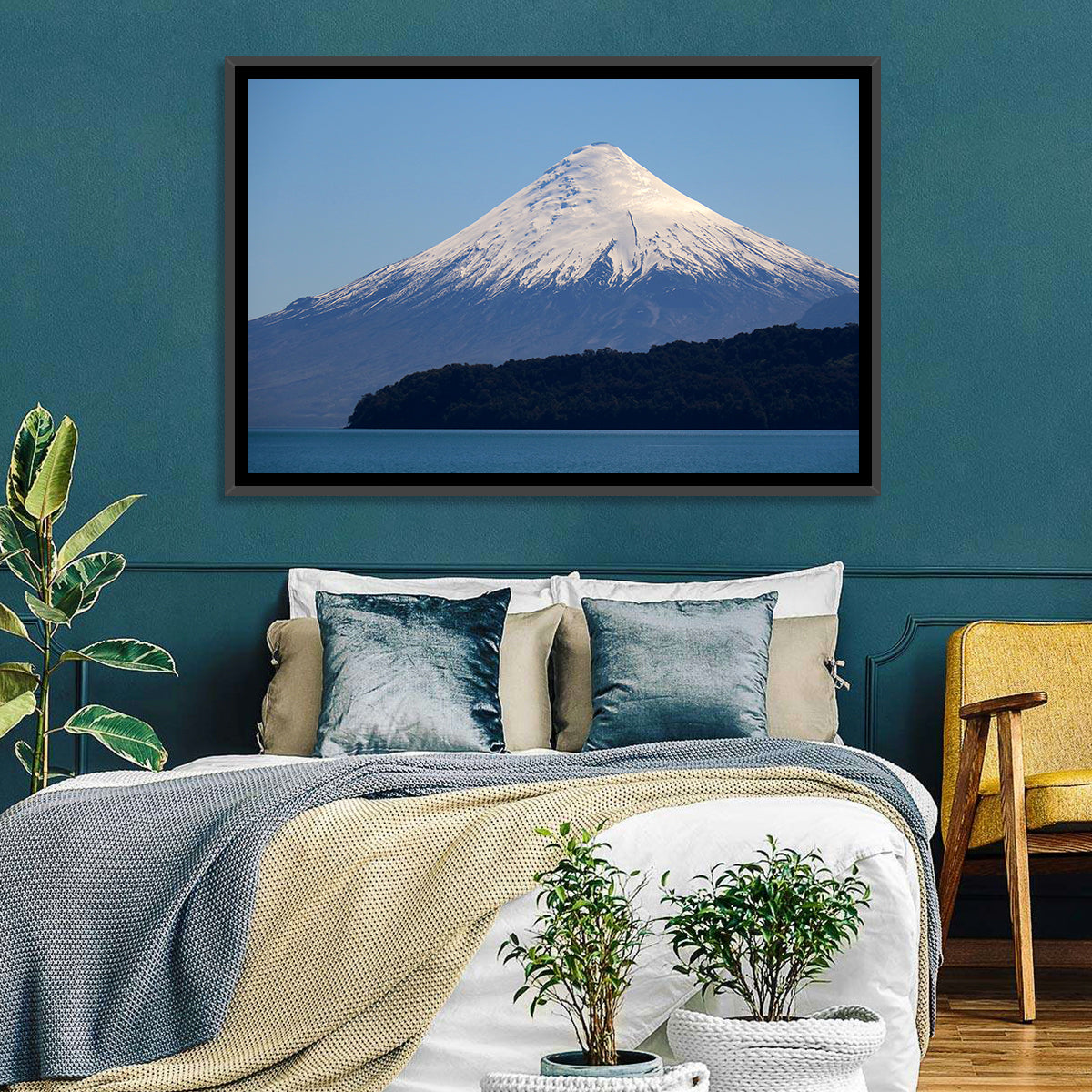 Snow-capped Osorno Volcano Over Lake Wall Art in a room, landscape