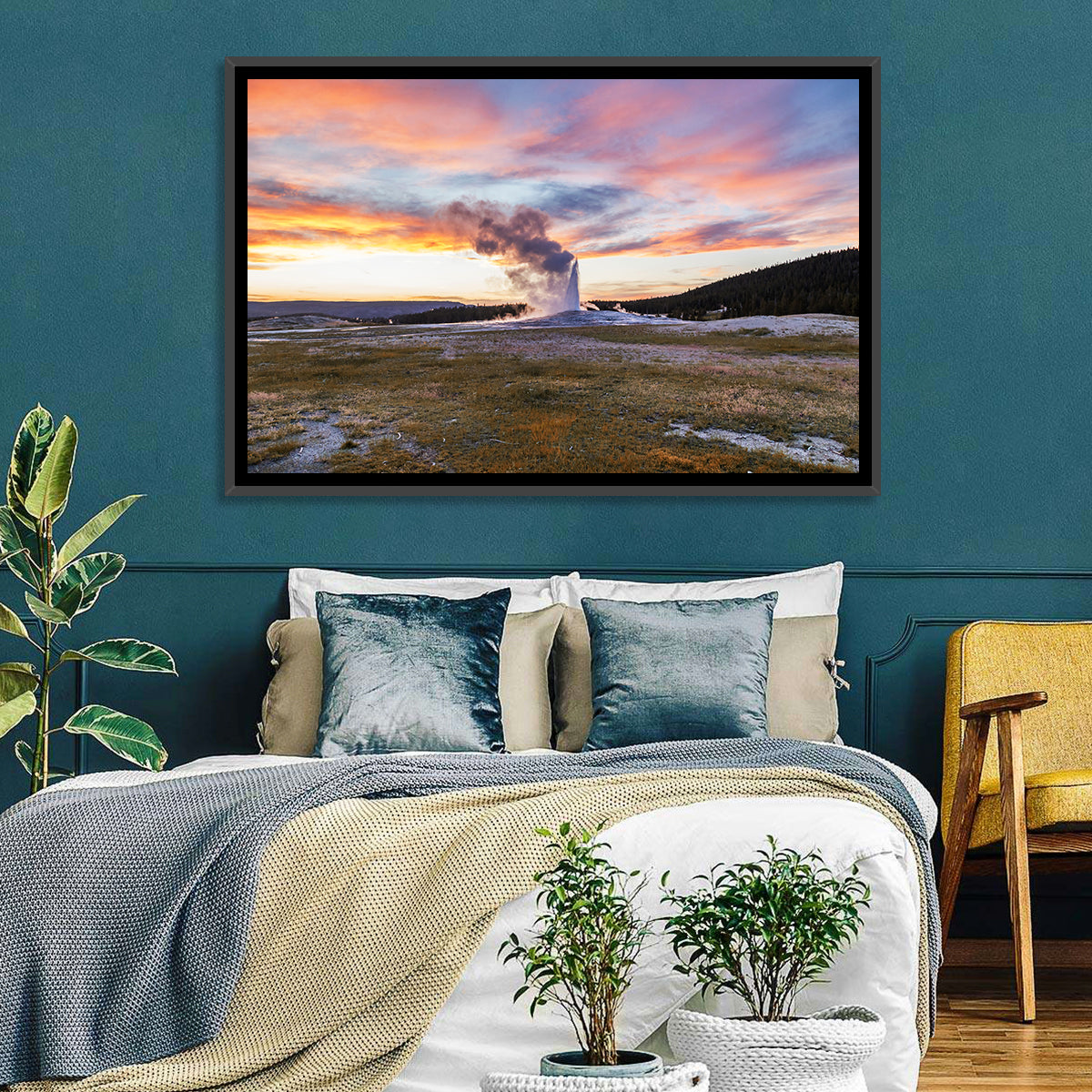 Old Faithful Erupting at Sunset Wall Art in a room, landscape