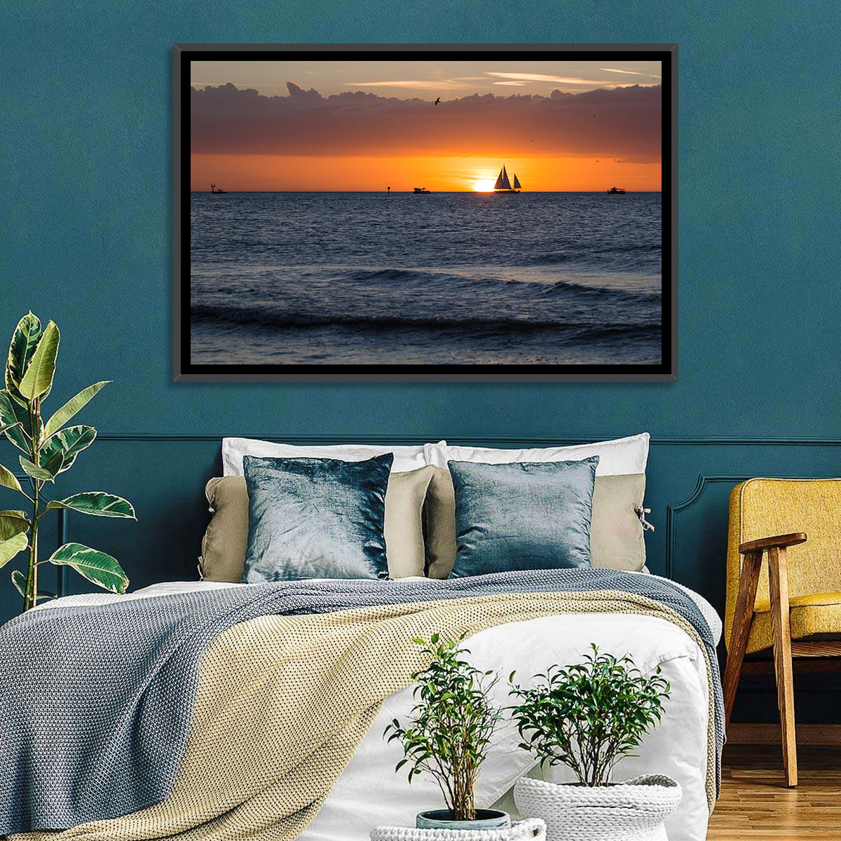 Florida Sailboat Sunset Wall Art in a room, landscape