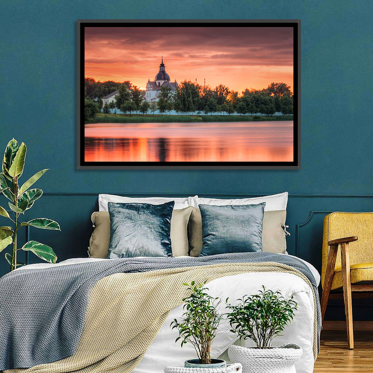 Corpus Christi Church Sunset Reflection Wall Art in a room, landscape
