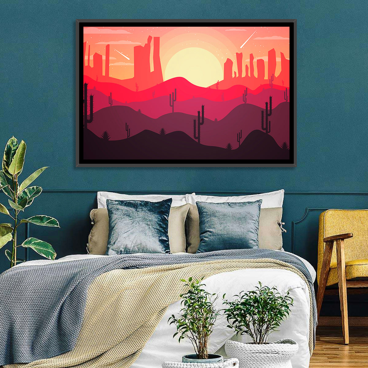 Sunset Desert Cacti Wall Art in a room, landscape