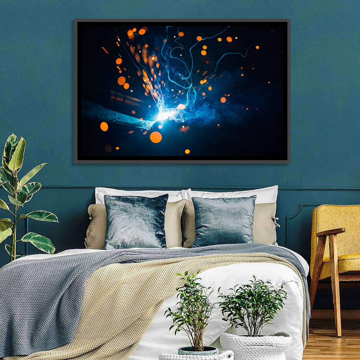Bright Blue Welding Sparks Wall Art in a room, landscape