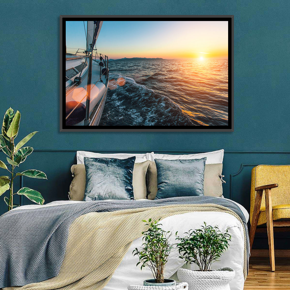 Sunset Sail from Deck Wall Art in a room, landscape