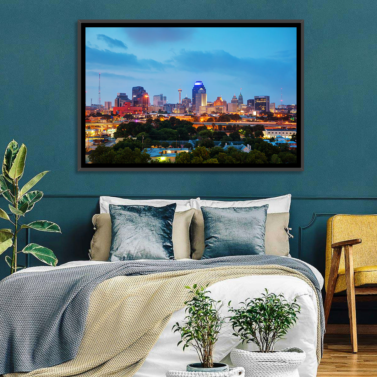 San Antonio Skyline at Dusk Wall Art in a room, landscape