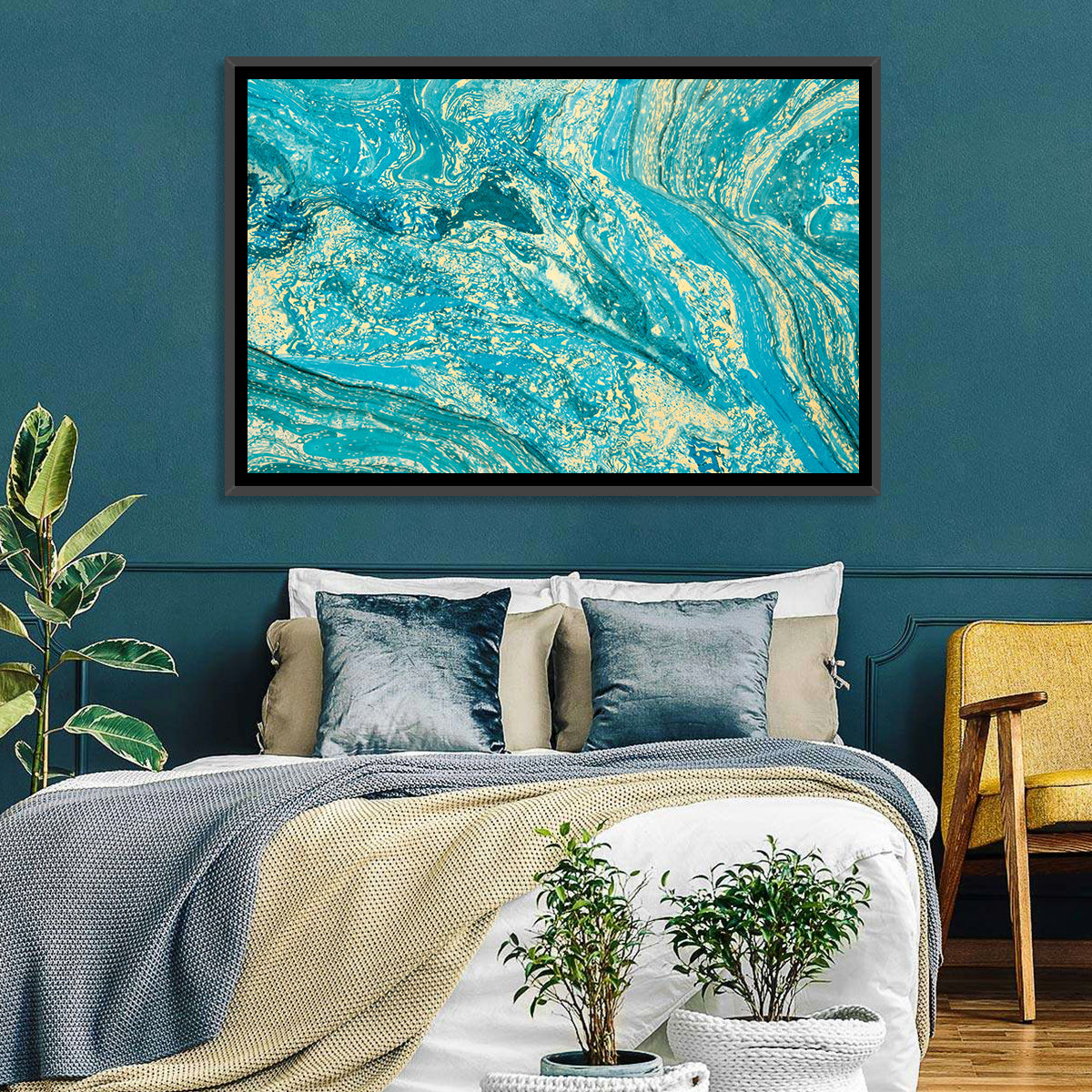 Teal Marble Swirls Abstract Wall Art in a room, landscape