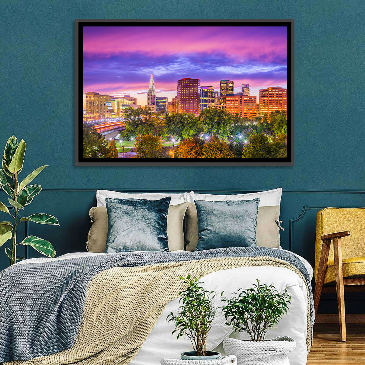 Hartford Skyline at Dusk Wall Art in a room, landscape