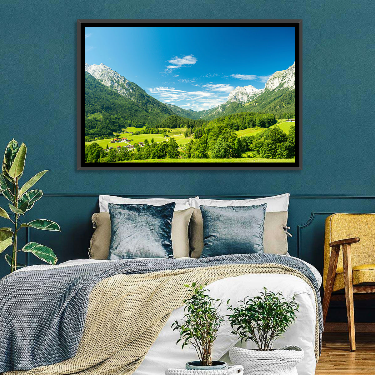 Bavarian Alpine Valley Wall Art in a room, landscape