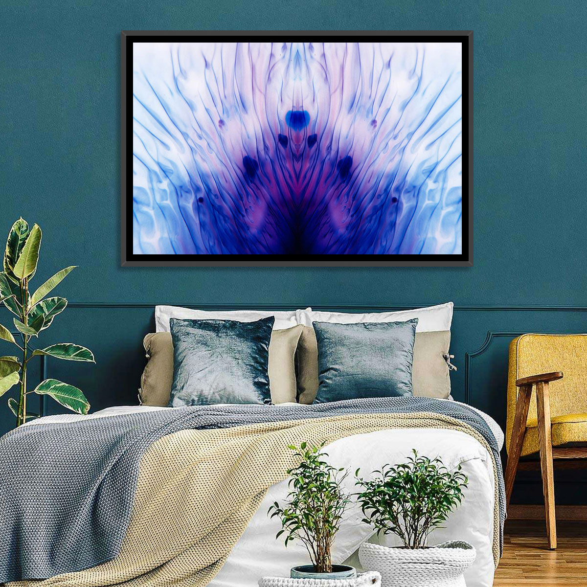 Mirrored Ink Splotch Abstract Wall Art in a room, landscape