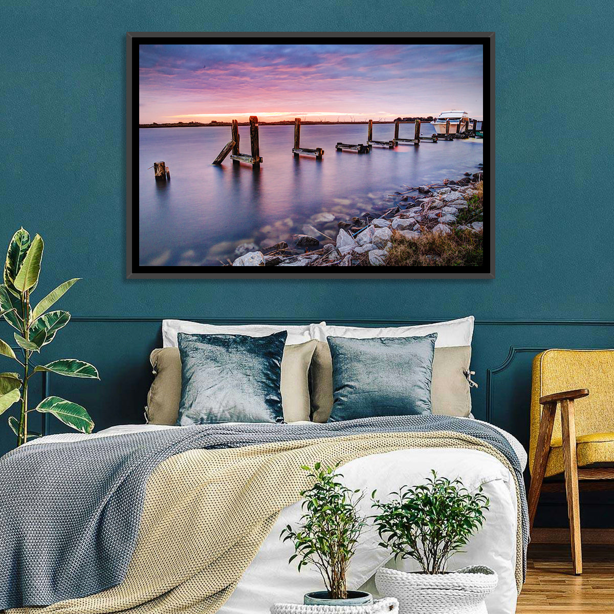 Bayou Lafourche Dock Sunrise Wall Art in a room, landscape