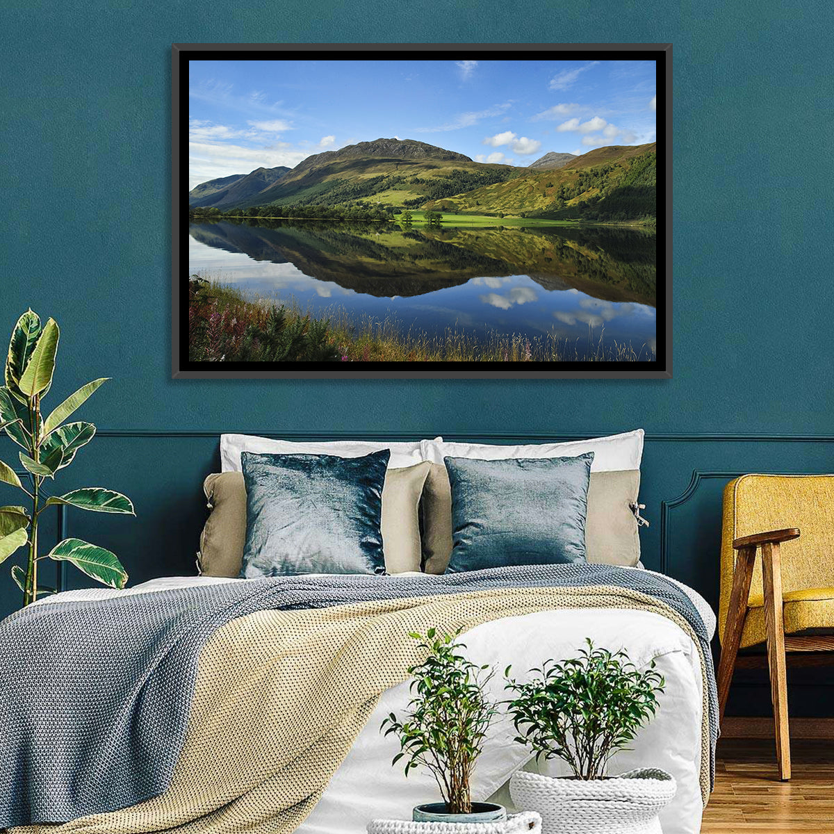 Irish Lake Reflection Wall Art in a room, landscape