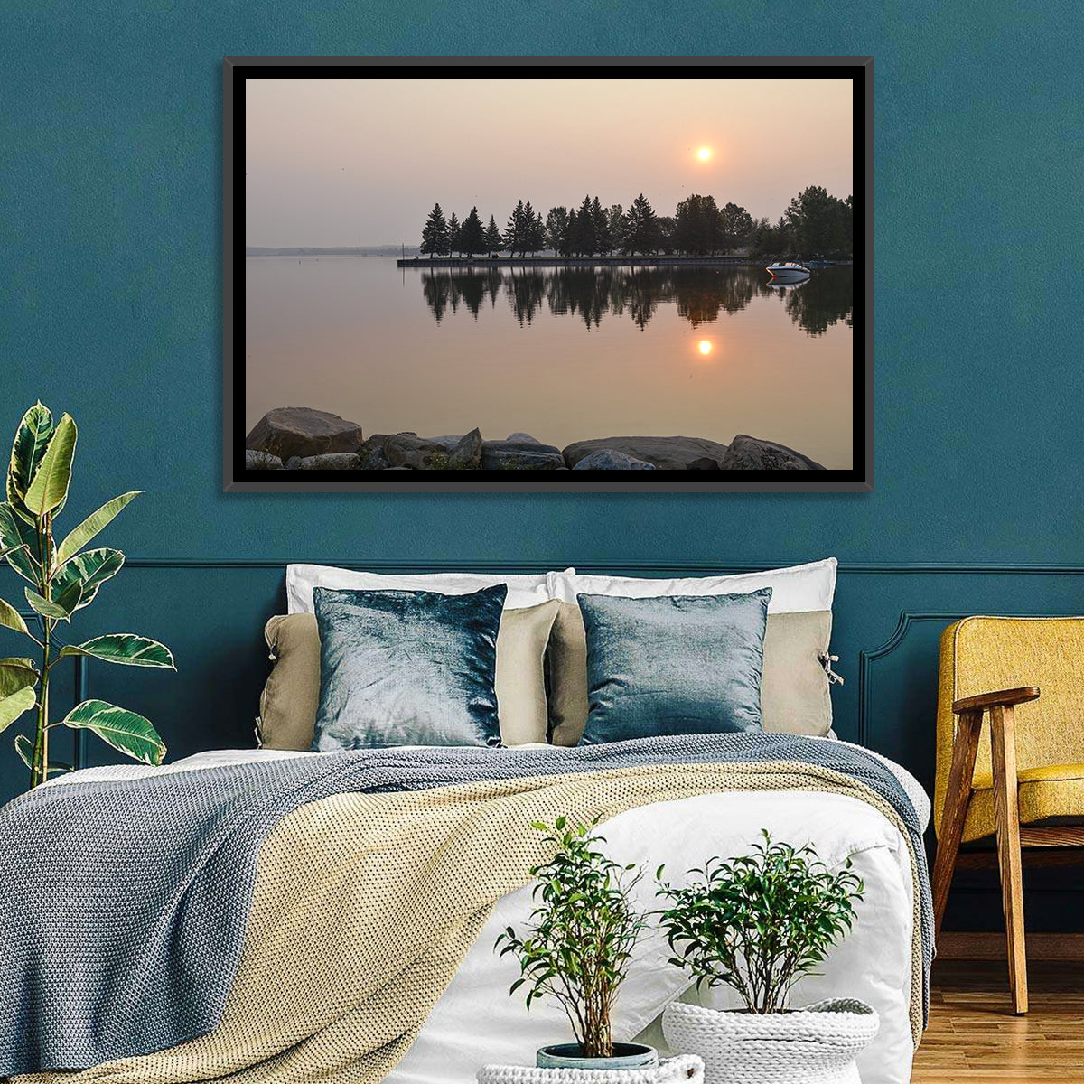 Sylvan Lake Sunset Reflection Wall Art in a room, landscape