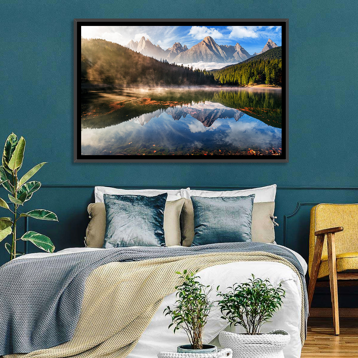 Morning Mist Mountain Lake Wall Art in a room, landscape