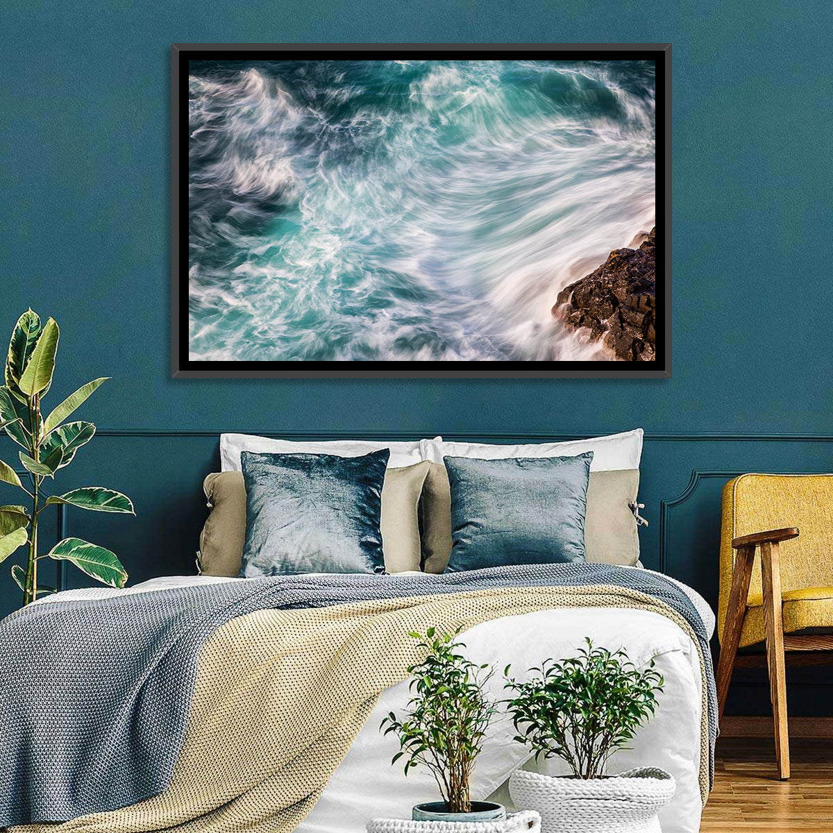 Silky Teal Ocean Waves Wall Art in a room, landscape