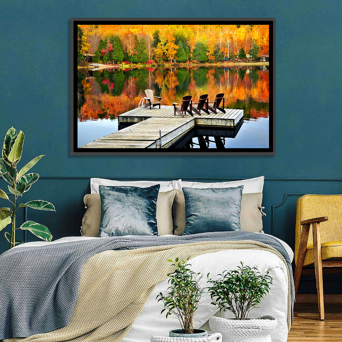 Autumn Lake Dock with Adirondack Chairs Wall Art in a room, landscape
