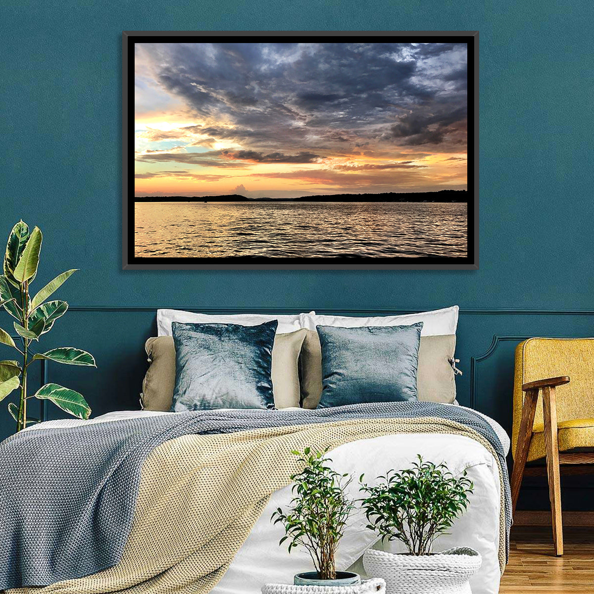 Lake Tillery Sunset Wall Art in a room, landscape